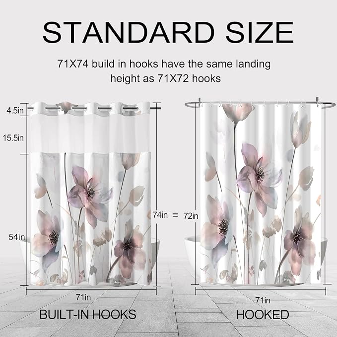 No Hook Shower Curtain and Liner Set, Pink Boho Floral 71x74 | Watercolor Boho Flower, with Snap in Liner, Waterproof, Machine Washable, Quick-Drying, for Hotel Bathroom