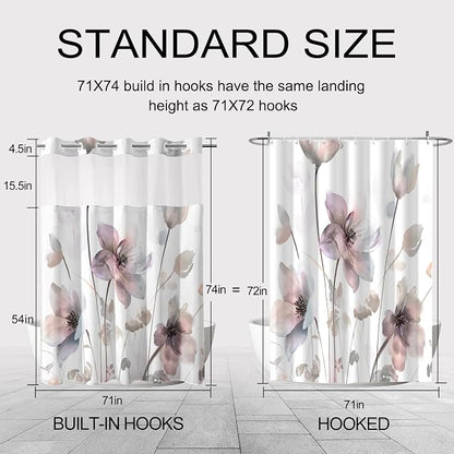 No Hook Shower Curtain and Liner Set, Pink Boho Floral 71x74 | Watercolor Boho Flower, with Snap in Liner, Waterproof, Machine Washable, Quick-Drying, for Hotel Bathroom