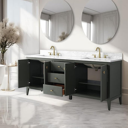 Vanity Art 72 inch Bathroom Vanity with Double Sink & Ceramic Top, Vanity Cabinet with Soft-Closing Door, Solid Wood Frame, Linear Pattern, Vintage Green, VA9172-DVG-MB,Matte Black Handles