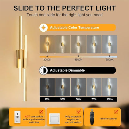 Modern LED Wall Sconce Gold Remote Wall Light Fixtures for Bathroom, Dimmable Vanity Light Indoor LED Remote Wall Sconce for Living Dining Room Bedside Bedroom (3000-6500K 35.4inch)