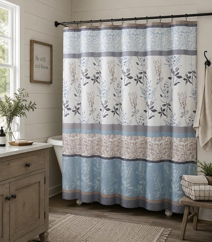 Blue Floral Fabric Shower Curtain Farmhouse Border Design for Bath 72x72 | Luxurious Elegant Country Boho Vintage Flowers with Damask Design , Light Blue Beige White Taupe, Washable & Durable