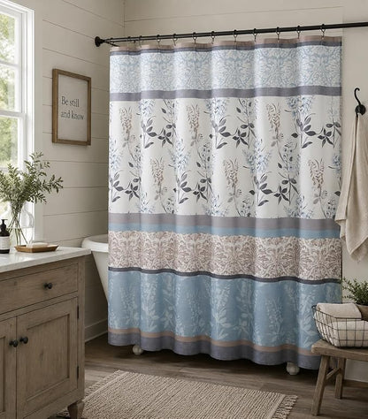 Blue Floral Fabric Shower Curtain Farmhouse Border Design for Bath 72x72 | Luxurious Elegant Country Boho Vintage Flowers with Damask Design , Light Blue Beige White Taupe, Washable & Durable
