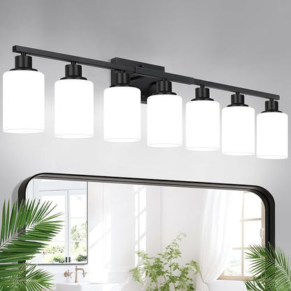 Indoi 7-Light Bathroom Light Fixtures, Matte Black Modern Vanity Lights with Milky White Shades, Bathroom Wall Lamp for Mirror Living Room Cabinet Bedroom Porch