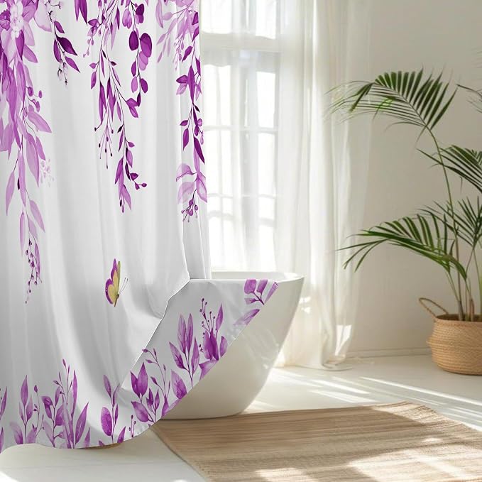 No Hook Shower Curtain and Liner Set, Purple Eucalyptus 71x74 | Floral Design, with Snap in Liner, Waterproof, Machine Washable, Quick-Drying, for Hotel Bathroom