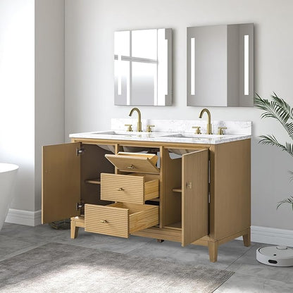 Vanity Art 54" Bathroom Vanity with Double Sink & Arabescato White Engineered Stone Top, Vanity Cabinet with Soft Closing Door, Solid Wood Frame, Golden Brushed Handles, Natural Oak VA8154D-NO-GB