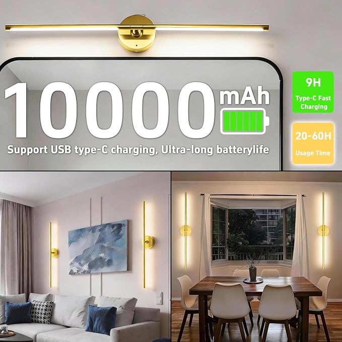 Battery Operated Wall Sconce Set of Two: Gold Wireless Rechargeable Wall Light with 10000mAh Detachable Battery and Remote, 360° Rotatable Scone Wall Decor for Bedroom Hallway Bathroom, 31.5inch
