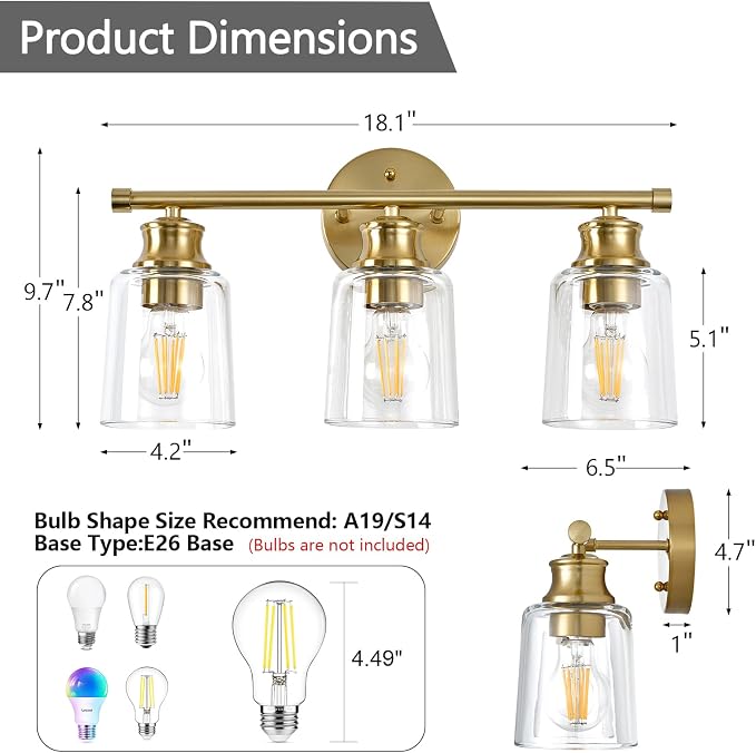 Bathroom Light Fixtures Over Mirror, 3 Lights Vanity Lights with Clear Glass Shade, 18.1" Gold Farmhouse Bathroom Wall Light Fixtures for Bedroom, Porch, Hotel, Mirror Cabinet