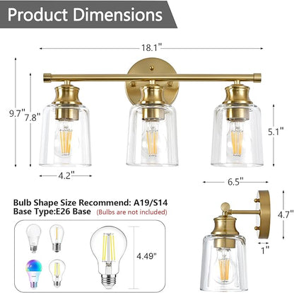 Bathroom Light Fixtures Over Mirror, 3 Lights Vanity Lights with Clear Glass Shade, 18.1" Gold Farmhouse Bathroom Wall Light Fixtures for Bedroom, Porch, Hotel, Mirror Cabinet