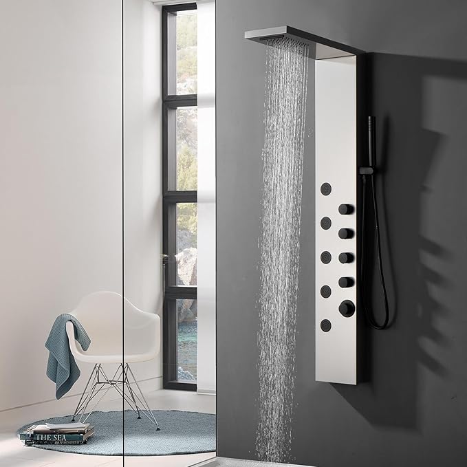 Homevacious Shower Panel Tower System with Rainfall Shower Head 5 Body Jets and Handheld Shower Head Modern Massage Shower System Brushed Nickel