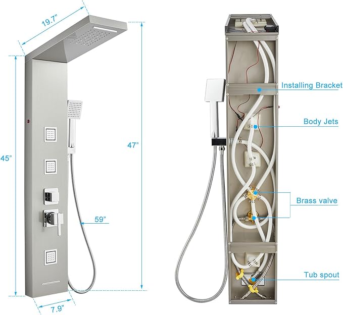 MENATT Shower Panel Tower System with LED Lights, 5 In 1 Shower Panel with Rainfall and Waterfall Shower Head, 3 pcs Massage Spray, Handheld Shower, Waterfall Tub Spout