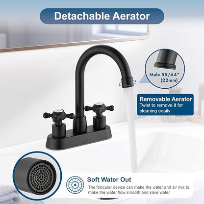 4 Inch Centerset Bathroom Faucets Double Cross Handle Bathroom Sink Faucet Deck Mounted Vintage RV Farmhouse Vanity Basin Mixer Tap with Pop up Drain,Matte Black