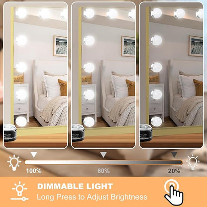 Moonee Gold Vanity Mirror with Lights, Hollywood Lighted Makeup Mirror with 15 Dimmable Bulbs and 10X Magnification, 3 Colors Modes, Aluminum Metal Frame, Light Up Mirror for Tabletop/Wall（23" x 18"）