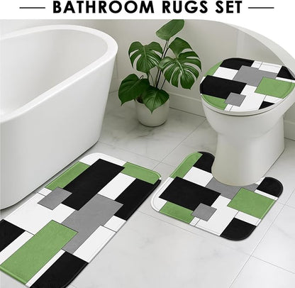 Bathroom Sets with Shower Curtain and Rugs, 4 Pcs, Geometric Sage | Modern Checkered Abstract Bathroom Decor Set with Toilet Lid Cover, Non-Slip Bath Mats and Accessories 12 Hooks