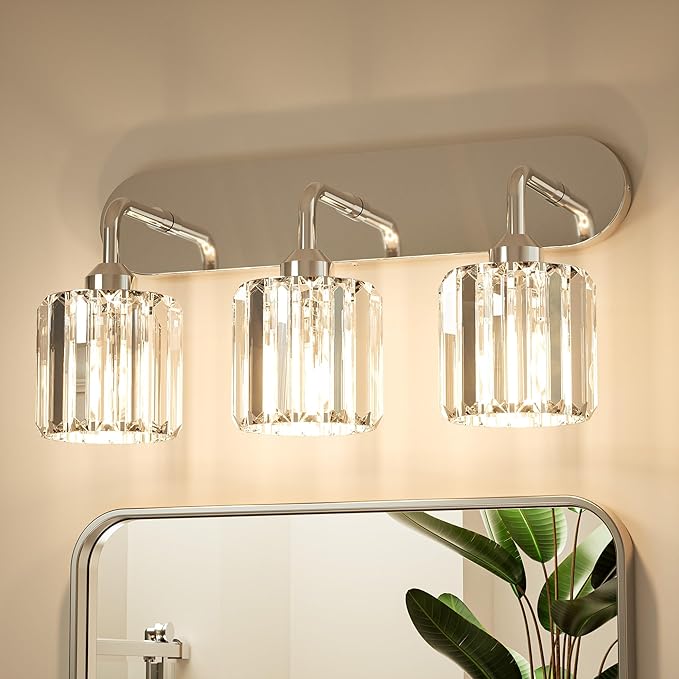 Keonjinn 3-Light Chrome Bathroom Light Fixtures Over Mirror, Crystal | Vanity Lighting Fixture with Crystal Square Shades, Dimmable, Vintage Style, Compatible with E26 Base LED Bulbs(Exclude Bulb)