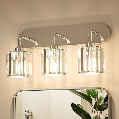 Keonjinn 3-Light Chrome Bathroom Light Fixtures Over Mirror, Crystal | Vanity Lighting Fixture with Crystal Square Shades, Dimmable, Vintage Style, Compatible with E26 Base LED Bulbs(Exclude Bulb)