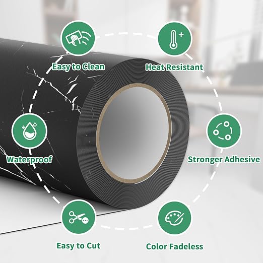 Peel and Stick Floor Tile 11.8” x 118” Vinyl Flooring Roll Cover 9.6 Sq.Ft. Waterproof Scratch-Resistant DIY Self-Adhesive PVC Flooring for Renter, Kitchen, Bathroom, RV, Black Marble