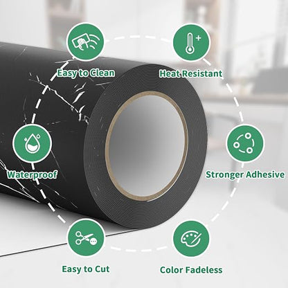 Peel and Stick Floor Tile 11.8” x 118” Vinyl Flooring Roll Cover 9.6 Sq.Ft. Waterproof Scratch-Resistant DIY Self-Adhesive PVC Flooring for Renter, Kitchen, Bathroom, RV, Black Marble