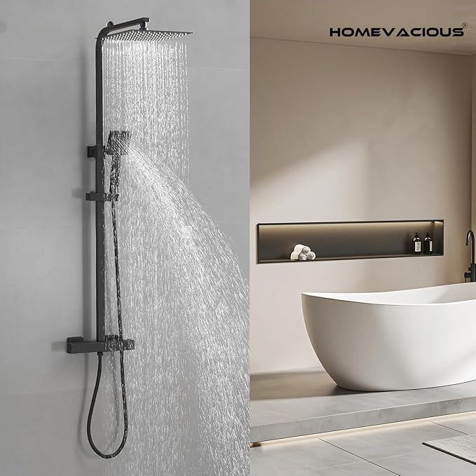 Homevacious Wall Mount Outdoor Shower Kit 9 Inch Rainfall Shower Head Handheld Spray Single handle Center Exposed Shower with Square Shower Head Matte Black