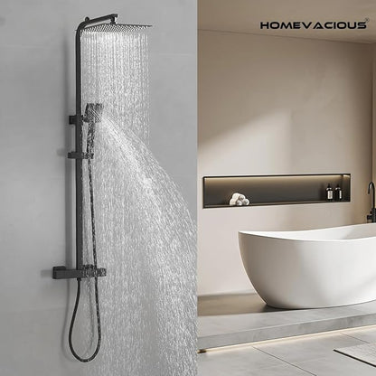 Homevacious Wall Mount Outdoor Shower Kit 9 Inch Rainfall Shower Head Handheld Spray Single handle Center Exposed Shower with Square Shower Head Matte Black