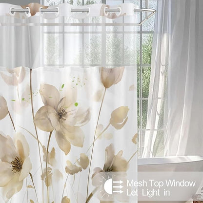No Hook Shower Curtain and Liner Set, Yellow Boho Floral 71x84 | Watercolor Boho Flower, with Snap in Liner, Waterproof, Machine Washable, Quick-Drying, for Hotel Bathroom