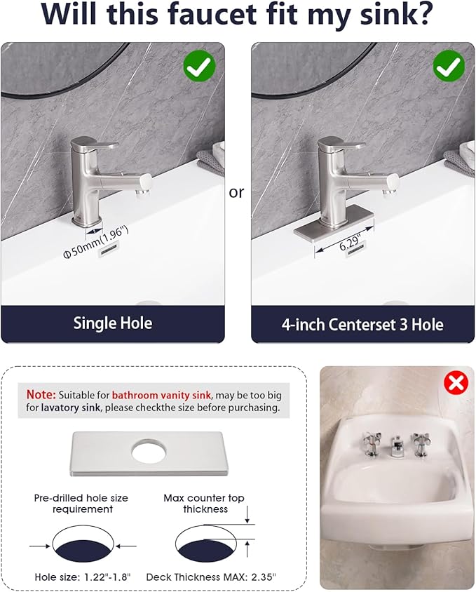 Pull Out Bathroom Faucet, Single Handle Bathroom Sink Faucet with Pull Out Sprayer, Bathroom Faucet for Sink, with Pop-up Drain & Deck Plate 1 or 4-inch Centerset 3 Hole, Brushed Nickel