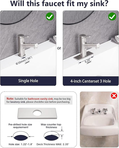 Pull Out Bathroom Faucet, Single Handle Bathroom Sink Faucet with Pull Out Sprayer, Bathroom Faucet for Sink, with Pop-up Drain & Deck Plate 1 or 4-inch Centerset 3 Hole, Brushed Nickel