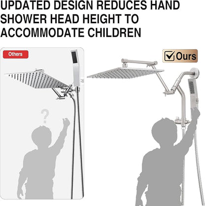 All Metal 10 Inch Rain Shower Head with Handheld Built-in Power Wash Mode, High Pressure Waterfall Rainfall Square Shower Heads with 16" Adjustable Extension Arm, Dual Showerhead(Brushed Nickel)