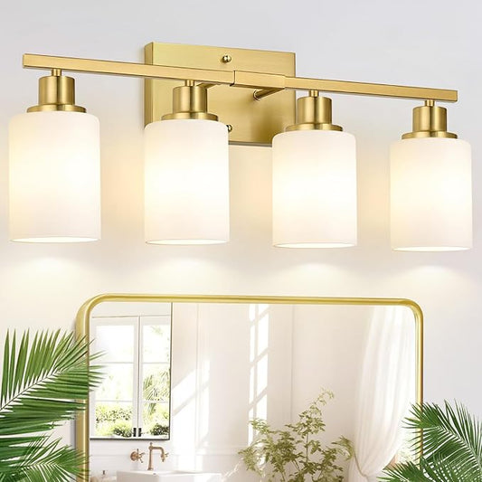 4-Light Bathroom Light Fixtures, Brushed Gold Vanity Lights with Milk Glass Shades, Modern Bathroom Wall Lamp for Mirror Living Room Bedroom Porch