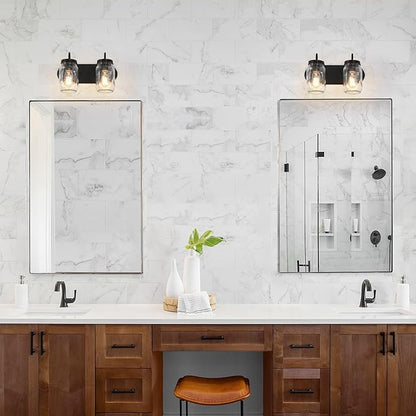 LALUZ Bathroom Vanity Light Fixtures, 2-Light Black Mason Jar Vanity Lights for Bathroom, 14'' Farmhouse Rustic Bathroom Lights Over Mirror