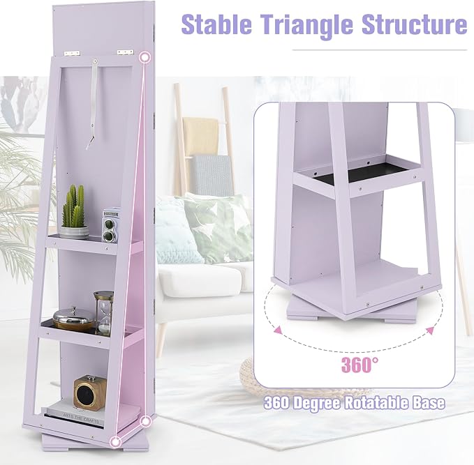 LOKO 360° Rotating Jewelry Armoire, Freestanding Jewelry Cabinet with Inside Makeup Mirror, 2-in-1 Lockable Jewelry Organizer w/Full-Length Mirror for Women (Lavender)