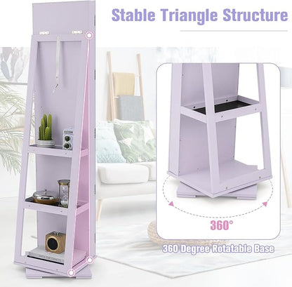 LOKO 360° Rotating Jewelry Armoire, Freestanding Jewelry Cabinet with Inside Makeup Mirror, 2-in-1 Lockable Jewelry Organizer w/Full-Length Mirror for Women (Lavender)