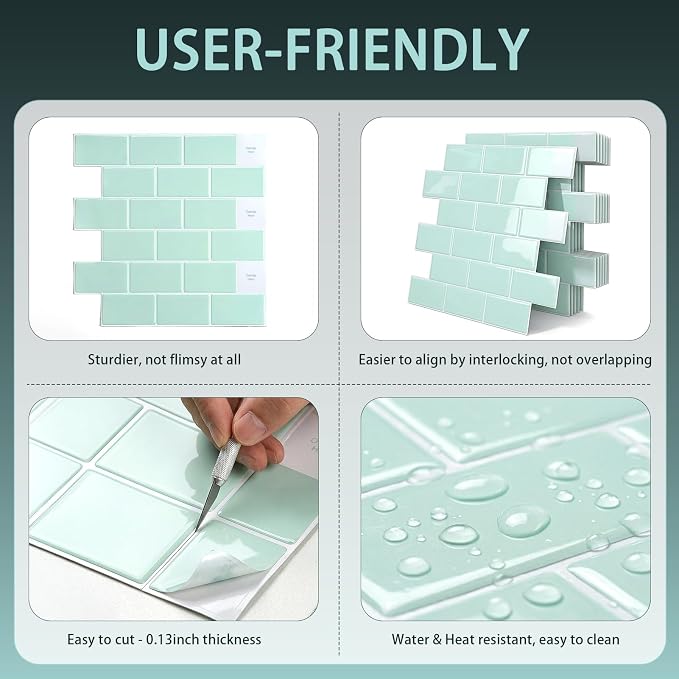Arttown Peel and Stick 3D Wall Backsplash, 20-Sheet, 12" × 12" Aqua Green | Subway Tiles Self Adhesive Thicker Design Wall Tile Panel Wallpaper for Bathroom Balcony Kitchen