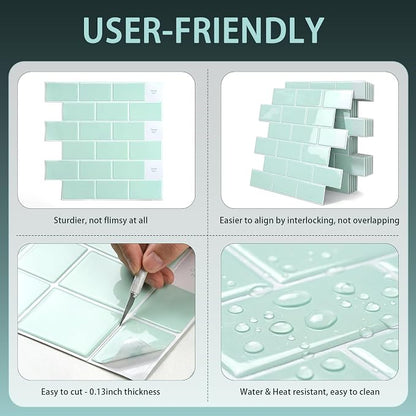 Arttown Peel and Stick 3D Wall Backsplash, 20-Sheet, 12" × 12" Aqua Green | Subway Tiles Self Adhesive Thicker Design Wall Tile Panel Wallpaper for Bathroom Balcony Kitchen