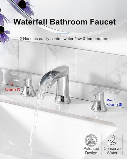 Chrome Bathroom Faucet, 2 Handles Brass Widespread Waterfall Faucet for Bathroom Sink, 4-10 Inch Sink Faucet Bathroom 3 Hole, Farmhouse RV Restroom Vanity Faucet with Pop Up Drain & Water Hoses