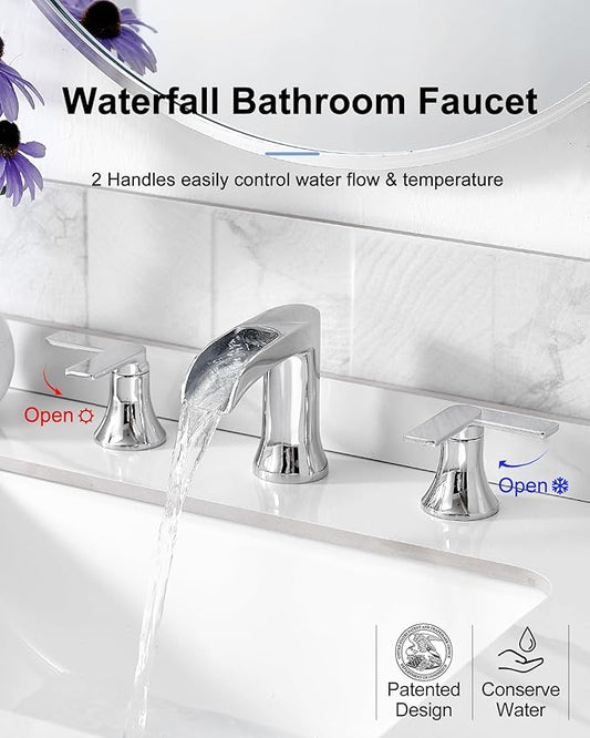 Chrome Bathroom Faucet, 2 Handles Brass Widespread Waterfall Faucet for Bathroom Sink, 4-10 Inch Sink Faucet Bathroom 3 Hole, Farmhouse RV Restroom Vanity Faucet with Pop Up Drain & Water Hoses