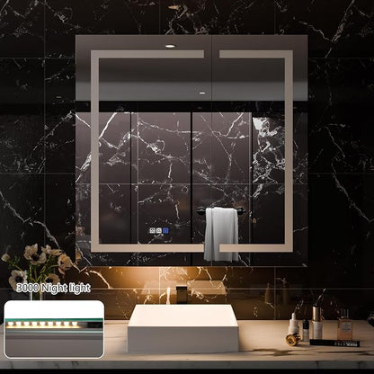 36"x36" Smart LED Medicine Cabinet with Mirror - Double Door Bathroom Storage, Anti-Fog, 3-Color Stepless Dimming, 5X Magnifier, Night Light, Soft-Close Hinges