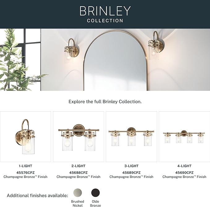 Kichler, Brinley 24" 3 Light Vanity Light with Clear Glass in Champagne Bronze for Bathroom and Powder Room, (24" W x 10.25" H), 45689CPZ