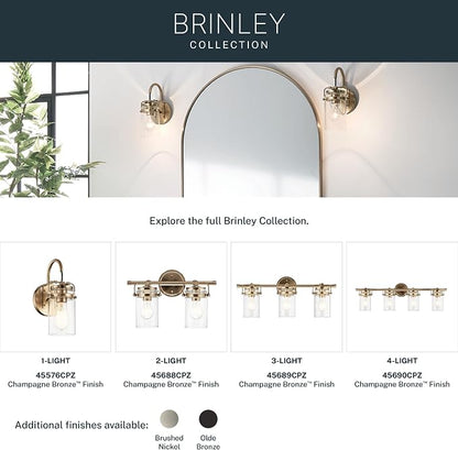 Kichler Brinley 4-Light Farmhouse Vanity Light, Champagne Bronze | Clear glass vanity light for bathroom mirrors (32.5" x 10.25" x 6.75"), 45690CPZ