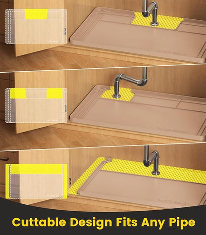 Under Sink Mats for Kitchen Waterproof 34"x22",Khaki | Cut to Fit Design for Various Sizes, Leak-Proof Cabinet Protection,Durable Silicone Material,Versatile Home Use