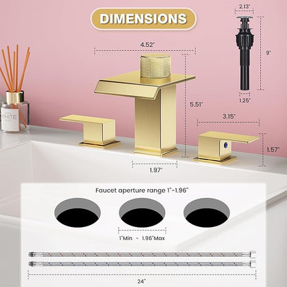 Brushed Gold Bathroom Faucet 3 Hole, 8 Inch Widespread Waterfall Bathroom Sink Faucet with Filter, Includes Metal Pop-Up Drain and Supply Hoses, Perfect for Vanity, Restroom, Sink, Rv