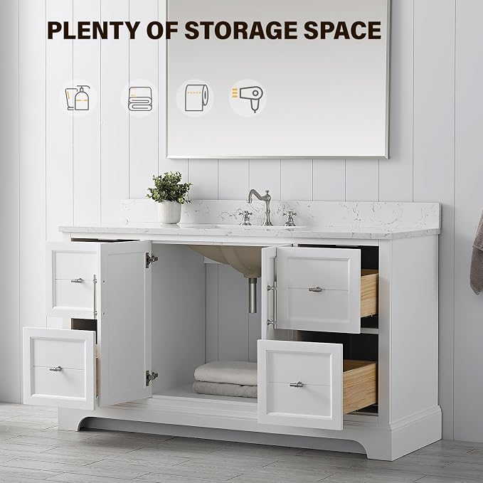 Vanity Art 60 Inch Bathroom Vanity with Single Sink, White | Solid Wood, Ceramic Sink, Marble Top, Waterproof Backsplash, Pre-assembled, Soft-close Doors, Ample Storage, Freestanding