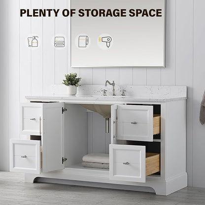 Vanity Art 60 Inch Bathroom Vanity with Single Sink, White | Solid Wood, Ceramic Sink, Marble Top, Waterproof Backsplash, Pre-assembled, Soft-close Doors, Ample Storage, Freestanding