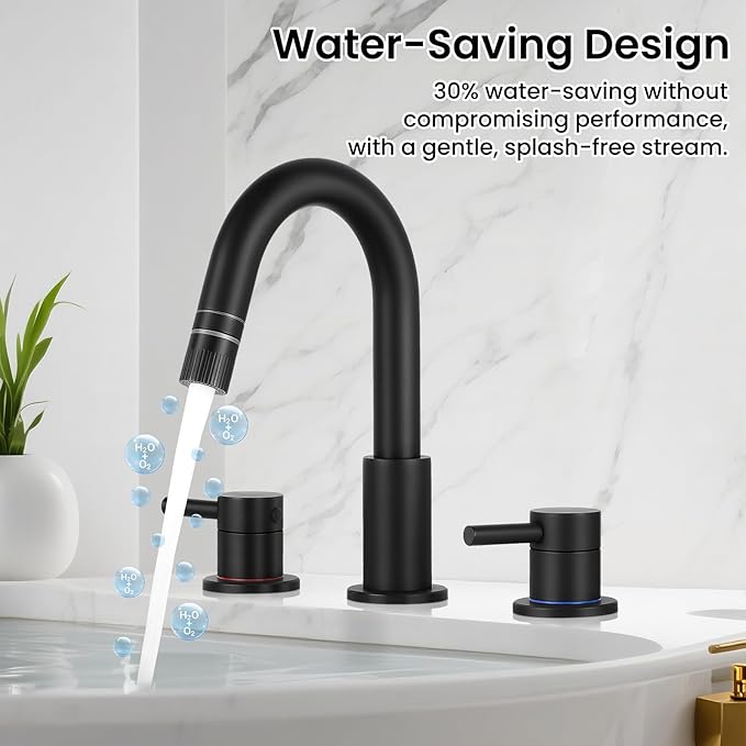 Bathroom Faucet 3 Hole, 8 Inch Widespread 2 Handle Pull Down Bathroom Sink Faucets with Pop Up Drain and 360° Swivel Spout,Matte Black