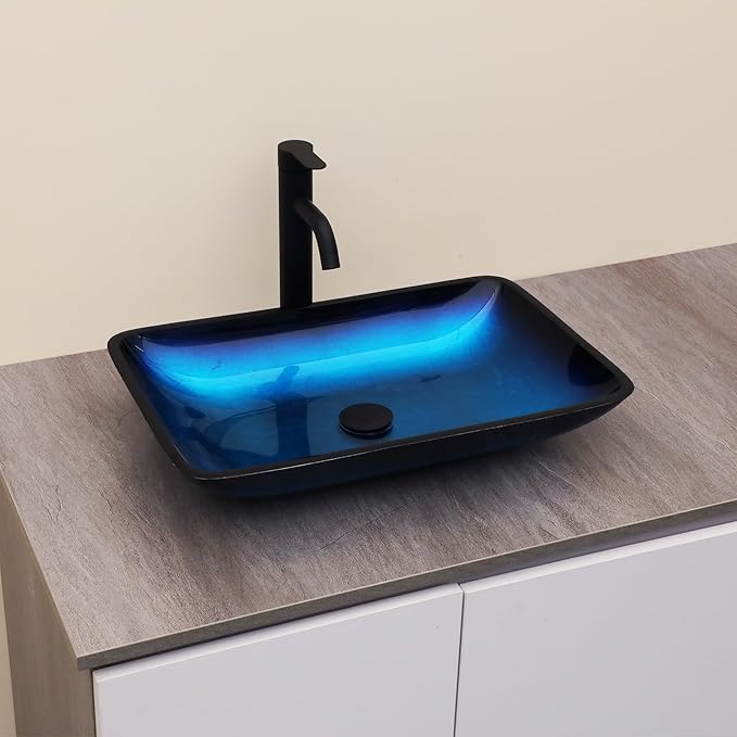 Logmey 22" Glass Bathroom Vessel Sink Vanity Countertop Rectangular Bowl with Black Pop up Drain Set,Glass Art Basin,Blue