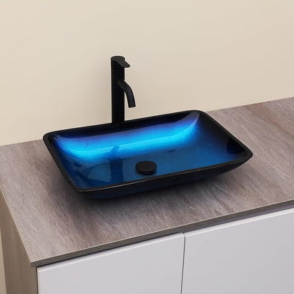 Logmey 22" Glass Bathroom Vessel Sink Vanity Countertop Rectangular Bowl with Black Pop up Drain Set,Glass Art Basin,Blue