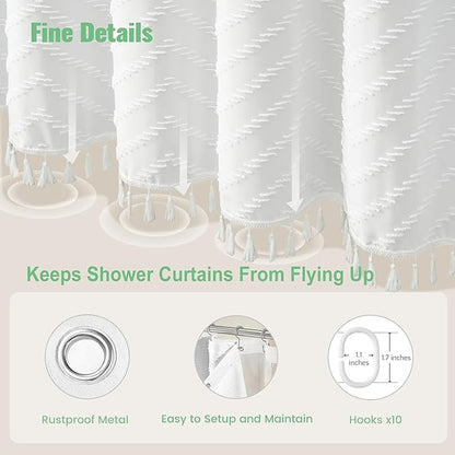 Dynamene Stall Shower Curtain and Liner Set - 54 x 78 inch Long Boho Shower Curtain and Waterproof Clear Liner, Tufted Chevron Striped Tassel Shower Curtains for Bathroom, 10 Hooks, 54x78, White