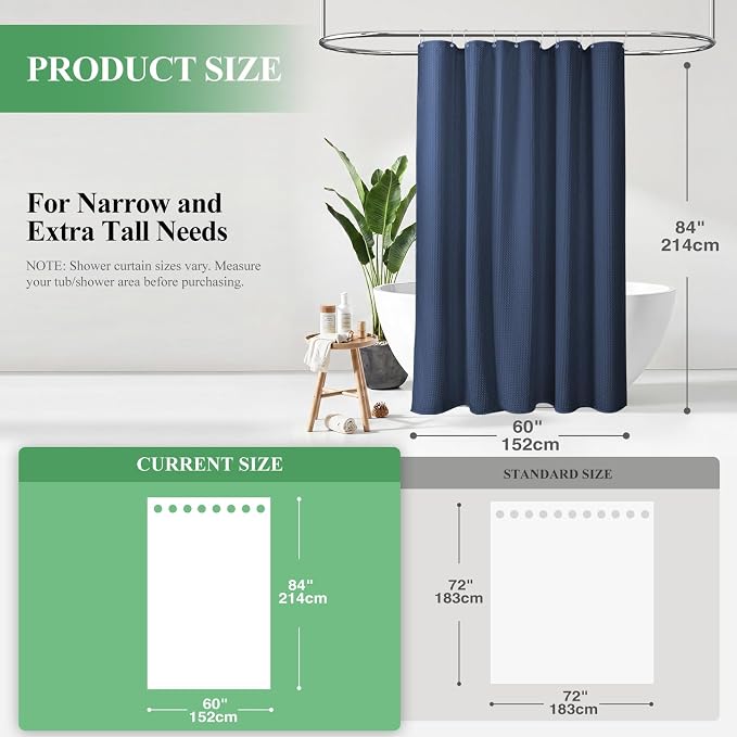 Stall Waffle Shower Curtain 256 GSM Heavy Fabric 60x84 Navy Blue | 60 x 84 Inch Long, Thick Cloth, Weighted Hem, Water Repellent, Hotel Luxury Polyester Shower Curtain Set for Bathroom 10 Hook