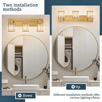 Brushed Gold Bathroom Light Fixtures, 3-Light Vanity Light Over Mirror | Wall Sconces with Square Crystal Shades, E26 Socket, Modern Vanity Lights for Bathroom (Bulbs Not Included)