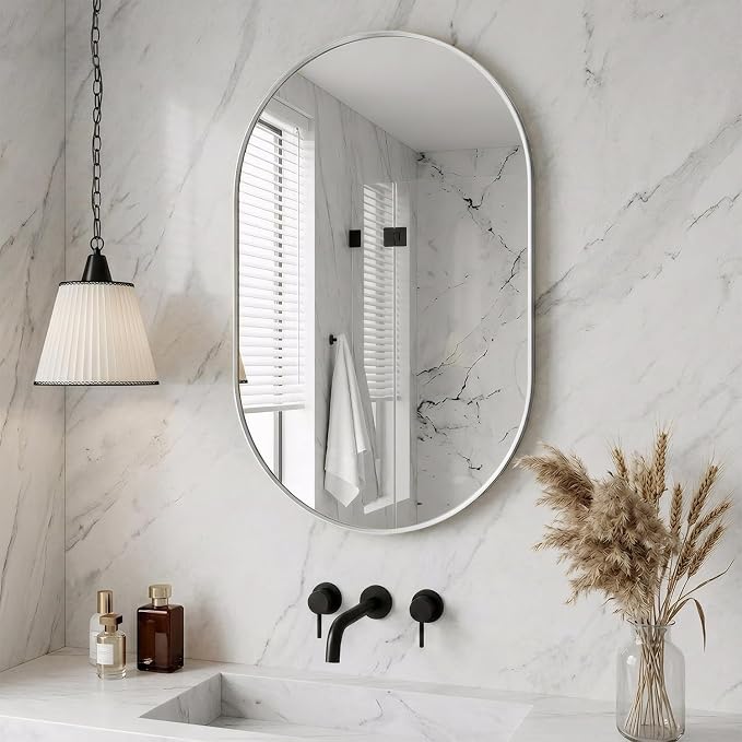 30"x36" Brushed Nickel Oval Bathroom Mirror for Over Sink, Vanity Mirror | Aluminum Alloy Frame, Clear Reflection, Rust-Resistant, Vertical or Horizontal, Wall Mount, Bedroom and Entryway