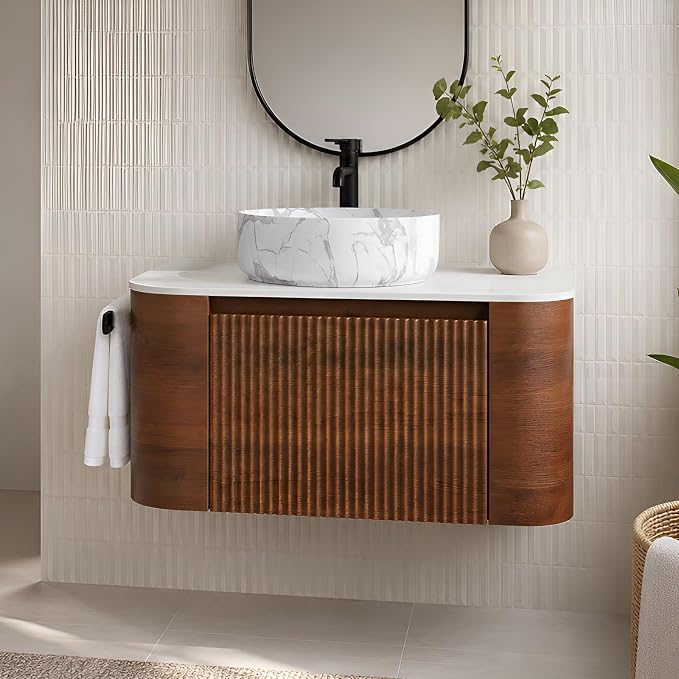 30" Preassembled Floating Bathroom Vanity with Carrara Finish Sink, Walnut | Mid-Century Modern Style, Fluted & Soft-Close Drawer with U-shaped Wall, Sinterted Stone Countertop, Towel Rack Included
